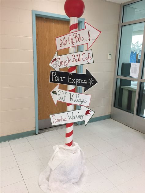 Polar Express North Pole sign. Polar Express Christmas Party, Polar Express Theme, Christmas Cubicle Decorations, Christmas Hallway, Christmas Parade Floats, Polar Express Party, Ward Christmas Party, North Pole Sign, Pole Sign