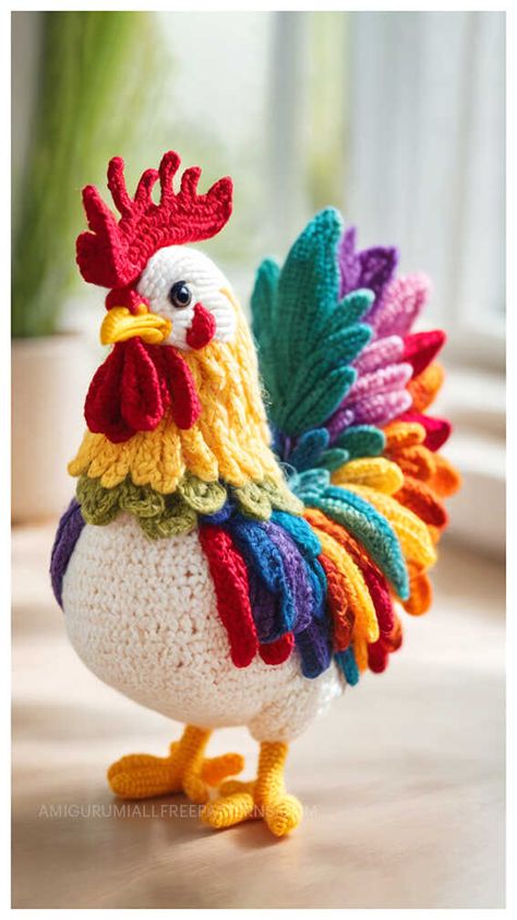 Amigurumi Cockerel Free Crochet Pattern Crocheted Rooster Pattern, Chicken Plush Pattern, Crochet Taxidermy, Owl Amigurumi, Crochet Bird Patterns, Owl Crochet Patterns, Giraffe Crochet, Easy Crochet Animals, Crochet Chicken