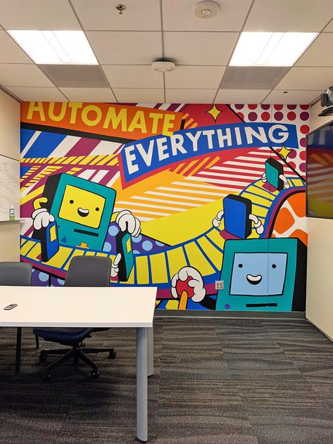 Robot Mural, Office Graffiti, Company Wall Art, Mural Digital, Arty Ideas, Office Mural, Interior Murals, Mural Artist, Office Branding