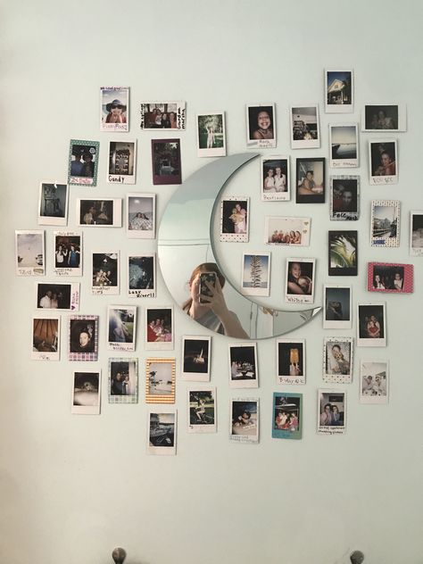 moon mirror with photos polaroid wall mirror aesthetic room artsy Room Ideas Aesthetic Polaroid Wall, Polaroid Wall Aesthetic Bedroom, Photo Collage Mirror, Photo Wall Around Mirror, Polaroid Bedroom Ideas, Polaroid Aesthetic Wall, Photo Wall With Mirror, Polaroid Wall Aesthetic, Mirror Wall Aesthetic