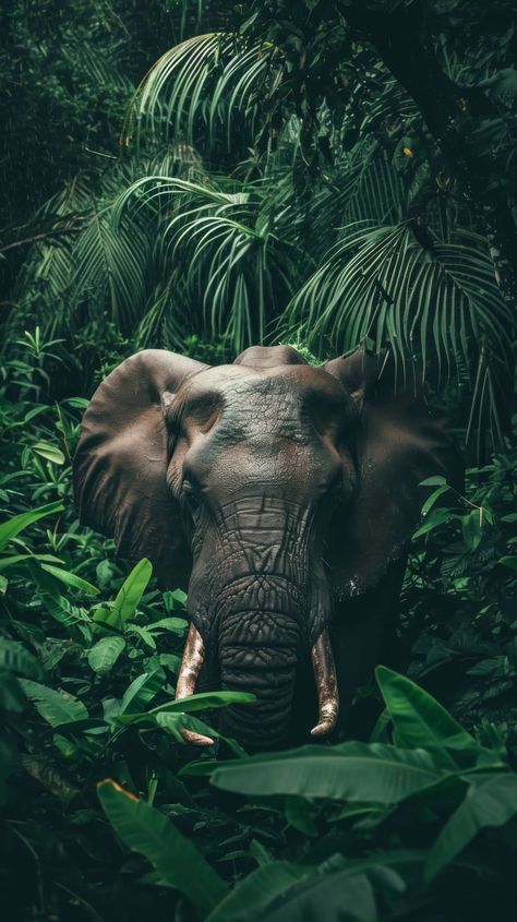 Majestic Elephant Amidst Lush Tropical Greenery - A Captivating Wildlife Photography.. This striking wildlife photograph captures the raw beauty and majesty of an elephant standing tall amidst a dense tropical forest. The image showcases a masterful blend of natural elements, with the elephant's weathered gray skin contrasting against the vibrant greens of the surrounding foliage. The composition draws the viewer's eye towards the elephant's powerful stance, while the lush vegetation Nature, Jungle Animals Photography, Jungle Environment, Majestic Elephant, Elephant Photography, Tropical Greenery, Safari Park, Raw Beauty, Tropical Forest