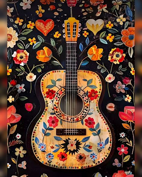 "Strings and petals intertwine, creating a symphony of colors 🌼🎸 Selling this captivating guitar painting online, exclusively on Instagram. Don't miss out on this floral masterpiece! ❤️ Dm us for more information 🤠 #guitarart #floralvibes #butterflylove #natureinspiredart #musicalmelodies #onlineartsales #colorfulcreations #guitarlove #onlineartgallery #butterflyguitar #floralsymphony #onlineartmarket #shopnow #getyours #limitededition #Sanskritiartsindia Mexican Guitar, Painted Guitar, Guitar Artwork, Fly Love, Floral Wallpaper Iphone, Guitar Painting, Guitar Art, Online Painting, Floral Wallpaper