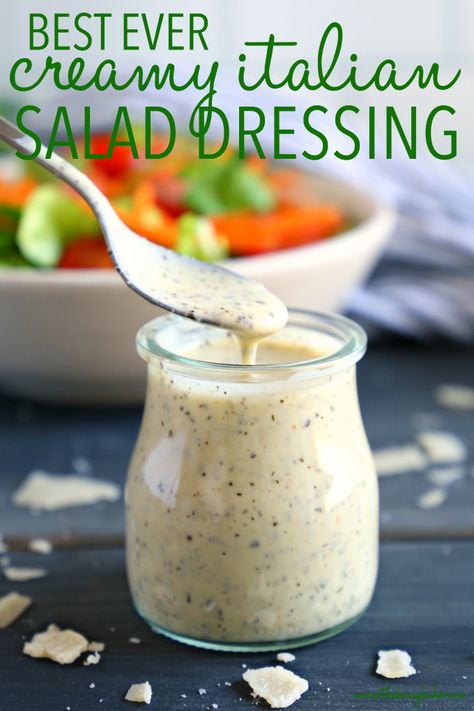 This Classic Creamy Italian Salad Dressing recipe is one for the books! It's packed with delicious herbs and makes the perfect creamy addition to any garden salad! And it's SO easy to make and healthy too! Recipe from thebusybaker.ca! #saladdressing #salad #easyrecipe #italian #fresh #homemade #masonjar #blender #dressing #dip #spread #condiment #herbs #parmesan #vegetarian #healthy #cleaneating Creamy Italian Salad Dressing, Italian Salad Dressing Recipe, Healthy Dressing Recipes, Winter Salads, Salad Dressing Recipes Healthy, Creamy Salad Dressing, Salad Dressing Recipe, Salad Dressing Recipes Homemade, Italian Salad Dressing