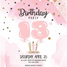 13,770+ birthday invitation 13th Customizable Design Templates | PosterMyWall 13th Birthday Party Ideas For Girls, Happy Birthday Templates, Online Birthday Invitations, Girl Template, Cowgirl Invitations, 13th Birthday Party, 13th Birthday Invitations, Teenage Birthday