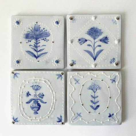 Emily Mitchell on Instagram: “I’ve made a small number of hand painted delftware lustre tiles, inspired by the formal aspects of early delftware. Each tile is individual…” Ceramic Slip Decoration, Diy Hand Painted Tiles, Hand Painted Tiles Kitchen, Diy Tiles, Hand Made Tiles, Pottery Tiles, Slip Decoration, Ceramic Tile Art, Dutch Tiles