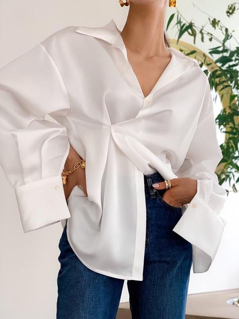 Oversized Blouse Outfit, Party Blouses, Blouse Dress Outfit, Blazer Outfits Men, Party Blouse, Polyester Shirt, Maxi Coat, Long Sleeve White, Simple Blouse