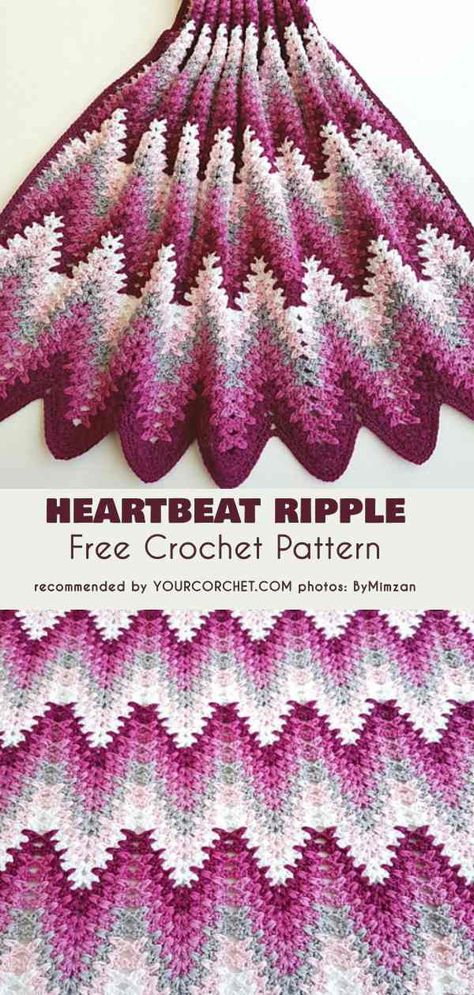 Heartbeat Ripple Blanket Free Crochet Pattern #freecrochetpatterns #crochetblanket #crochetafghans Couture, Patchwork, Ripple Afghan Pattern, Interesting Crochet, Afghan Crochet Patterns Easy, Crochet Ripple Afghan, Crochet Ripple Pattern, Ripple Blanket, Blanket Free Crochet Pattern