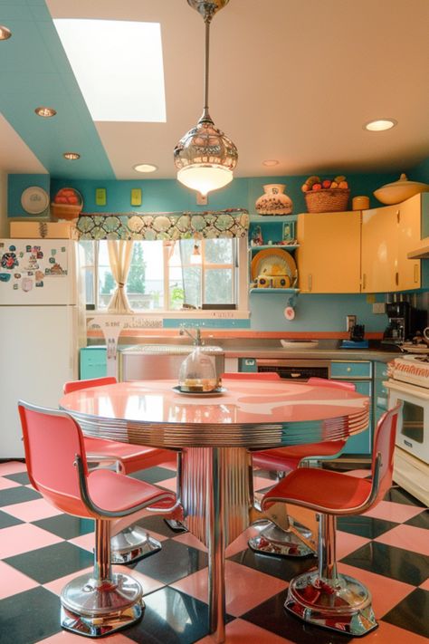 It's 2024's big kitchen trend - kitschy kitchens a.k.a. Kitschens. Combine colorful retro and unique home decor to create a kitchen full of life. Bright Fun Kitchen, Vintage 50s Kitchen, Retro 50s Kitchen, Retro Futurism Kitchen, Retro Pastel Kitchen, Kitschy Home, 80s Kitchen Aesthetic, 1950s Diner Kitchen, 60s Style Kitchen