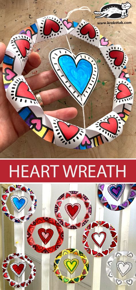 krokotak | HEART WREATH Classroom Crafts, Valentine Art Projects, February Crafts, Classroom Art Projects, Valentine Crafts For Kids, Elementary Art Projects, Valentines Art, Valentines Day Activities, Mors Dag