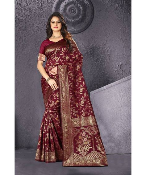 Disclaimer: Slight variation in actual color vs. image is possible due to the screen resolution. Maroon Banarasi Saree, Maroon Banarasi, Vs Image, Maroon Saree, Saree Jewellery, Indian Flowers, Blouse Types, Designer Silk Sarees, Fancy Blouse