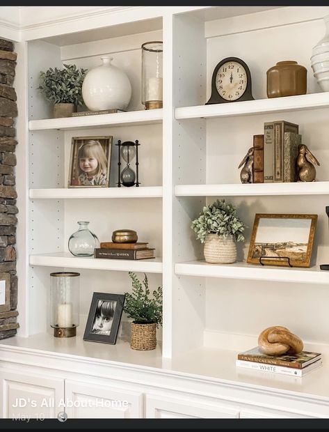 Decorative Wall With Shelves, Decorate A Built In Bookshelf, Shelf Decor With Picture Frames, How To Design A Bookshelf, Neutral Bookcase Styling, Midcentury Shelf Styling, Living Room Decor Shelf Ideas, Decorating Ideas For Bookshelves, Cabinet Decorating Ideas Living Room