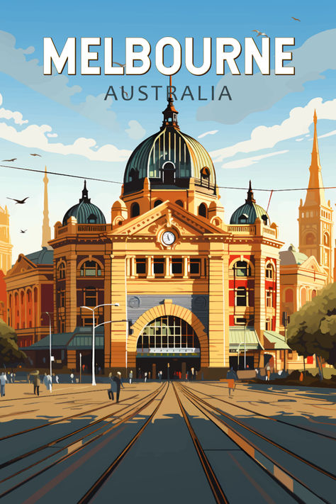 Vintage-style poster showcasing the historic charm of Flinders Street Station in Melbourne, Australia, perfect for adding urban nostalgia to your decor. Melbourne Poster, Australia Poster, Travel 2024, Posters Australia, Train Posters, Global City, Iconic Australia, 2d Design, Retro Travel Poster