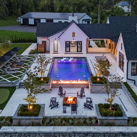 The perfect backyard to enjoy those fall evenings featuring a 20’x40’ custom Coastal pool. #custompools #farmhousedecor #realestate… | Instagram Farm Pool Backyards, Modern Home Swimming Pool, Backyard Landscaping Pool Entertaining, Hot Tub Separate From Pool, Average Pool Size, Backyard Landscape Design With Pool, House With Inground Pool, Long Pool Design, Attached Pool House Ideas