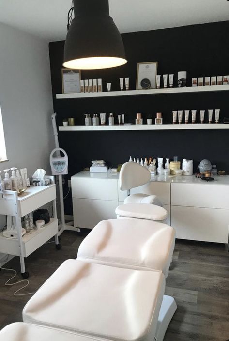 Salon In Apartment, Beautition Salon, Graduate Esthetician School, Pmu Work Station, Black Accent Wall Lash Room, Esthetician Shelves, Spa Decor Ideas Estheticians Luxe, Black Spa Room Ideas Estheticians, Black White Esthetician Room