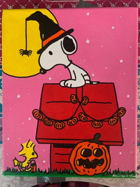 Halloween Things To Paint On Canvas Easy, Tela, Spooky Art Canvas, Horror Themed Artwork, Halloween Paintings Acrylic, What To Paint Halloween, Snoopy Halloween Paintings On Canvas, Halloween Snoopy Painting, Charlie Brown Halloween Painting