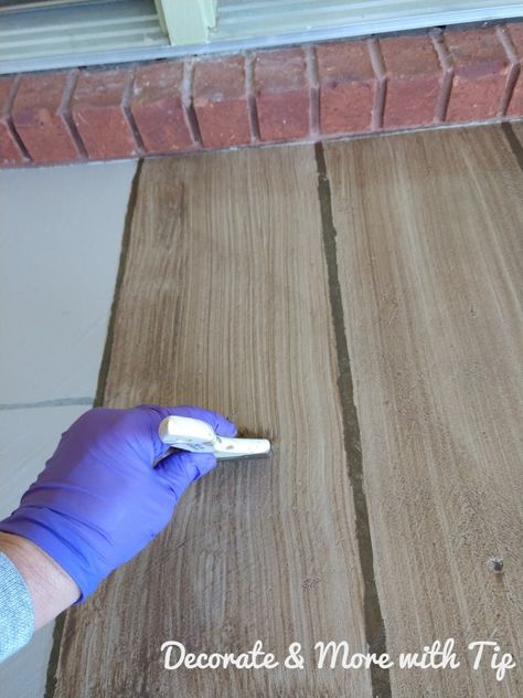 HOW I PAINTED & STAINED MY CONCRETE FLOOR TO LOOK LIKE WOOD – Decorate & More with Tip Stained Concrete Porch, Diy Stained Concrete Floors, Concrete Wood Floor, Stenciled Concrete Floor, Diy Concrete Stain, Concrete Stain Patio, Ranch Home Remodel, Stencil Concrete, Paint Concrete Patio