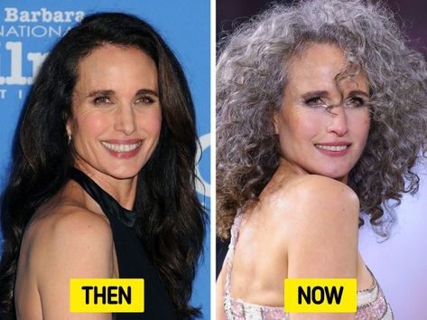 Recently, 64-year-old actress Andie MacDowell modeled during Paris Fashion Week while showing off her gorgeous white hair. The actress made a touching post on her Instagram where she wrote, “Always an honor to represent women of a certain age.” And just like MacDowell, many other actors are embracing their natural yet sexy looks, and here are 14 of them. Andie Macdowell Style, Grey Hair Old, Grey Hair Model, Natural White Hair, Curly Hair Model, Curly Shag Haircut, Obama Daughter, Stacy London, Silver White Hair