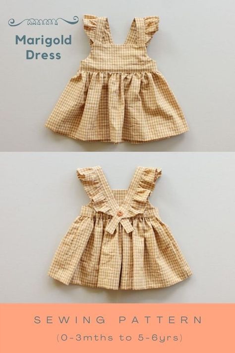 The Marigold Dress sewing pattern (0-3mths to 5-6yrs). Now's your chance to make your beautiful girl this peplum style top or baby doll style dress. You also have the option of a normal strap or a cute little ruffle strap. The straps button (and unbutton) on the center back to make getting dressed a breeze. The skirt/peplum is extra full for extra fun when twirling about. Knit Dress Toddler, Baby Girl Skirt Pattern, Tulle Under Dress, Toddler Dress Patterns Sewing, Baby Dress Sewing Patterns Free, 1 Yard Projects Sewing, Toddler Girl Dress Sewing Patterns Free, Baby Ruffle Dress Pattern, Free Pattern Baby Dress