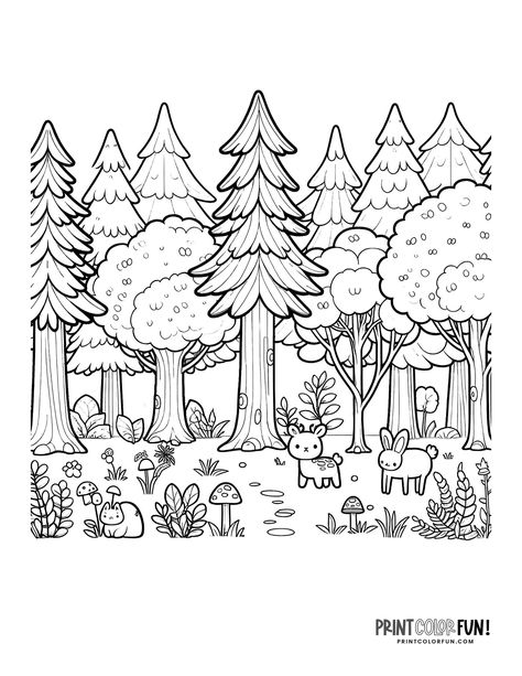 Kawaii, Mandalas, Forest Colouring Page, Nature Coloring Pages Free Printable, Forest Coloring Pages, Cartoon Forest, Forest Clipart, Forest Cartoon, Colouring Sheets For Adults