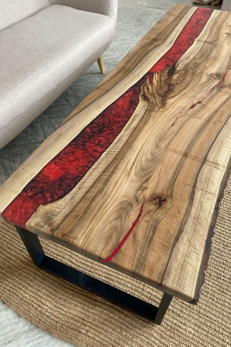 Table With Resin Inlay, Red Resin Table, Live Edge Epoxy Coffee Table, Epoxy Coffee Table Ideas, Epoxy Resin Table Coffee Tables, River Tables Epoxy, Barn Office, Red Coffee Tables, Custom Table Top