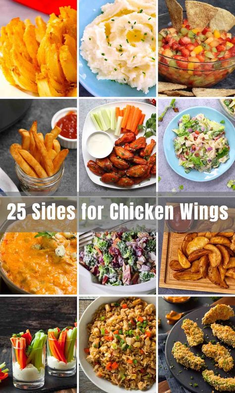 Chicken Wing Dinner Ideas Meals, Dips That Go With Chicken Wings, Chicken Wings Serving Ideas, Wings Sides Dishes, Side Dish For Wings Dinners, Wing Party Sides, Wings Menu Ideas, What Goes With Wings Sides, Sides To Serve With Chicken Wings