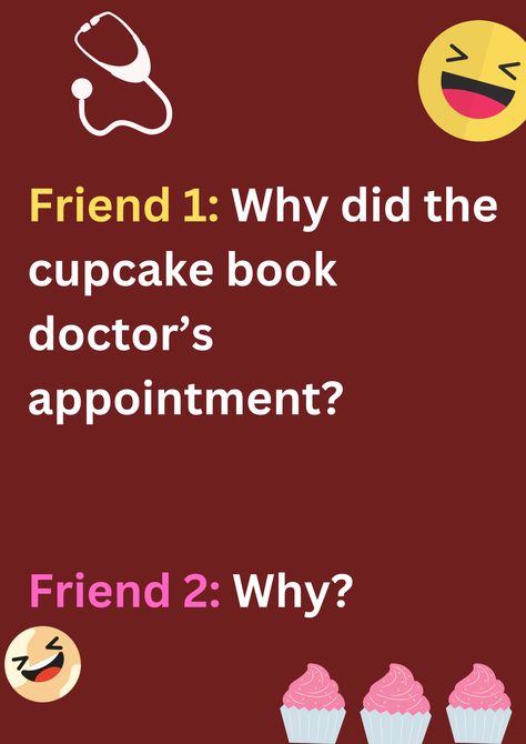 This is a funny joke between two friends about cupcake's appointment with doctor on a maroon background. The image consists of text and laughing emoticons. Jokes For Friends, Doctor Jokes Humor, Funny Birthday Jokes, Mexican Jokes, Doctor Jokes, The Best Feelings, Birthday Jokes, Book Cupcakes, Best Feelings