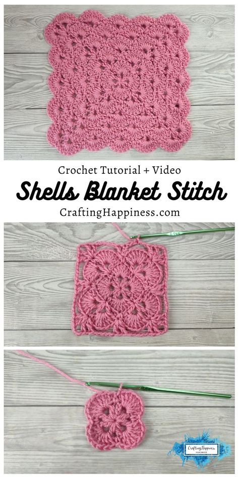 Learn how to crochet the Shells Blanket Stitch. Step-by-step tutorial & video from Crafting Happiness. Easy tutorial for beginners Crochet Color Combinations, Crochet Shell Blanket, Crochet Blanket Stitches, Granny Square Baby Blanket, Blanket Stitches, Free Baby Blanket Patterns, Crochet Shell, Fast Crochet, Crochet Blanket Pattern Easy