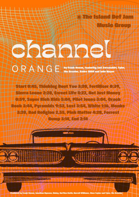 Orange retro print inspired by Frank Ocean Album, Channel Orange. Song names and timings shown with subtle imagry from the album. Available on Etsy Orange Prints For Walls, Frank Ocean Wallpaper Channel Orange, Frank Ocean Poster Print, Frank Ocean Blond Poster, Channel Orange Wallpaper, Chanel Orange Frank Ocean, Frank Ocean Poster Aesthetic, Frank Ocean Orange, Bedroom Posters Printables