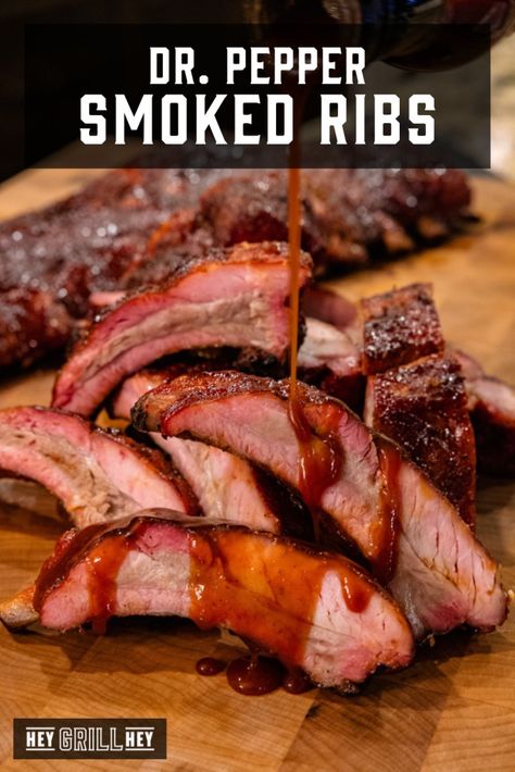 Dr. Pepper Smoked Ribs - Hey Grill, Hey Traeger Ideas, Dr Pepper Ribs, Hey Grill Hey, Smoked Pork Ribs, Pellet Grill Recipes, Traeger Recipes, Barbecue Ribs, Smoked Meat Recipes, Smoked Cooking