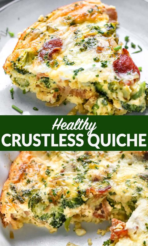 This easy, healthy crustless quiche has rich quiche flavor without the fuss of crust! Customize it with any vegetables or meat you like: broccoli, bacon, spinach, ham and cheese, or Lorraine. One of the best easy breakfast recipes! #quiche #lowcarb #keto Spinach Quiche Crustless, Healthy Crustless Quiche, Ham And Broccoli Quiche, Broccoli Cheese Quiche, Crustless Broccoli Quiche, Broccoli Quiche Recipes, Crustless Quiche Lorraine, Quiche Recipes Crustless, Bacon Quiche Recipe