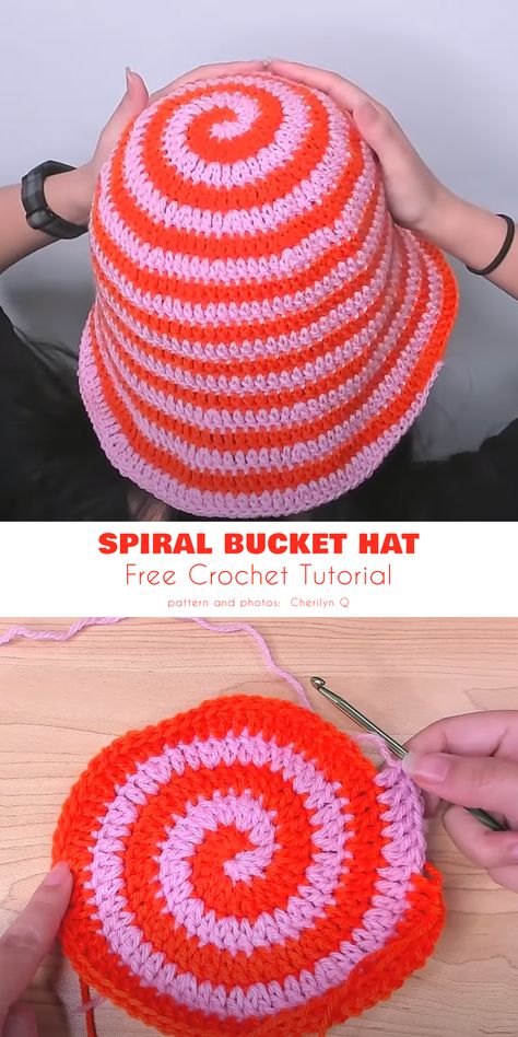 25 Easy Bucket Hat Free Crochet Patterns Fun Crochet Bucket Hat, Swirl Bucket Hat Crochet, Scrap Bucket Hat Crochet, Spiral Hat Crochet Pattern, Swirl Crochet Hat, Mushroom Bucket Hat Crochet Pattern Free, Spiral Bucket Hat Crochet, Crochet Sombrero Pattern, Festival Crochet Patterns Free