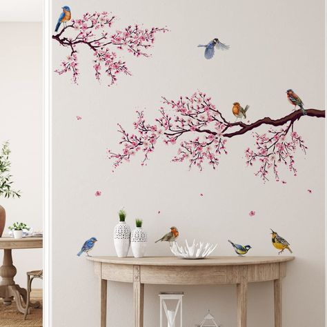 PRICES MAY VARY. A beautiful Japanese style cherry blossom and bird wall sticker, simple and romantic flower wall decoration. Can cover a wall up to 35*43 inches (90*110 cm). Material: Vinyl. Non-toxic, environmental protection, waterproof. Easy to apply, remove and reuse without leaving damage or residue. Very easy to assemble and great focal point in your bedroom, office, living room, TV background, baby girls and boys room. It can be stuck to walls, furniture, tiles, mirrors and windows, any Plum Wall, Pink Blossom Tree, Cherry Blossom Wall Art, Wall Murals Bedroom, Wall Sticker Design, Adhesive Wall Art, Wall Stickers 3d, Wall Stickers Living Room, Decoration Stickers