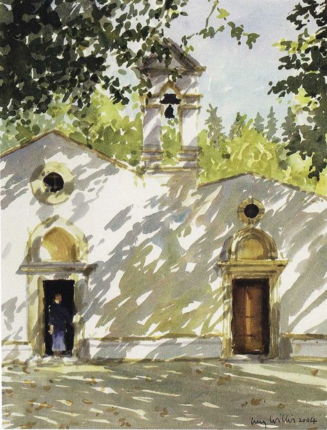 Dappled Sunlight Painting, Shadows In Paintings, How To Paint Shadows In Watercolor, How To Draw Sunlight, Trees In Watercolour, How To Paint Light, Sunlight Watercolor, Paintings Of Buildings, Light And Shadow Painting