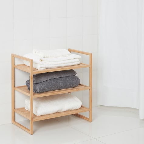 Under sink storage in bathroom - put baskets on it Bamboo Shelves, Bathroom Shelving Unit, Corner Shelf Unit, Bathroom Under Sink, Stacking Shelves, Shelves Wood, Ikea Bathroom, Wood Projects For Beginners, Storage Stool