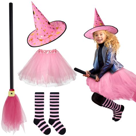 PRICES MAY VARY. Cute pink witch costume set includes tutu, hat, broom, and socks for a complete look Lightweight, breathable nylon tutu with elastic waistband for comfortable fit Striped witch socks fit toddler girls under 10 years old Pink witch hat has gold star patterns; broom can be assembled and carried around Great Halloween costume for parties, role playing, and trick or treating  Features:   Send to girls as gifts:  If you are looking for a gift for your little girl, then the Halloween Pink Tutu Halloween Costume Ideas, Halloween Toddler Witch, Pink Witch Costume, Toddler Witch Costume, Witch Costume Accessories, Pink Witch Hat, Toddler Witch Costumes, Barbie Witch, Cute Witch Hat