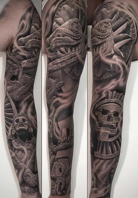 Aztec Sleeve by Greg Nicholson Heavy Ink Tattoos, Guanajuato Mexico Tattoos, Aztec Mythology Tattoos, Aztec Tribe Tattoo, Aztec Tattoo Mexican Sleeve, Aztec Symbols Tattoo, Aztec Sleeve Tattoos, Aztec Gods Tattoo, Mexican Sleeve Tattoo