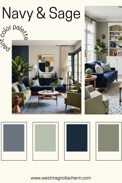 Navy & Sage Living Room Ideas: Transform Your Space - West Magnolia Charm Living Room With Navy Accent Wall, Sage Green Navy Bedroom, Navy And Mint Living Room, Sage Navy Bedroom, Navy And Sage Green Living Room, Blue Green Grey Living Room, Navy And Olive Bedroom, Olive Green And Blue Living Room, Navy Wall Living Room