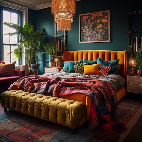 How the Right Bedroom Interior Colour Can Enhance Your Mood • 333+ Images • [ArtFacade] Colourful Bedroom Aesthetic, Colour In Bedroom, Cozy Colorful Bedroom, Orange Bedroom Aesthetic, Home Maximalist, Bedroom Interior Colour, Light Fixtures Bedroom, Luxury Wooden Bed, Maximalist Decor Eclectic