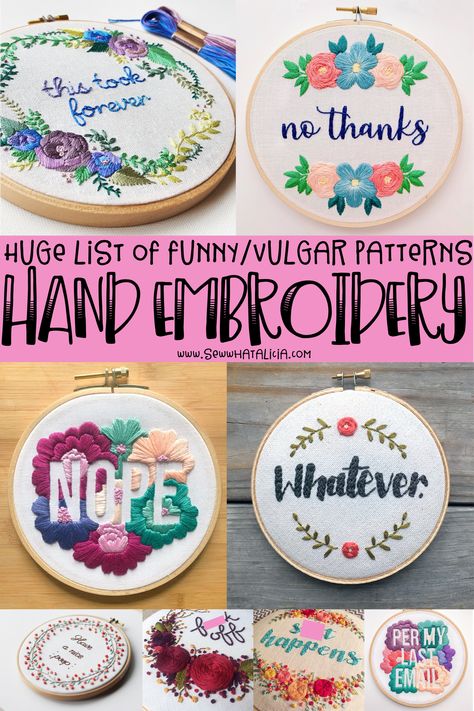 Funny Embroidery Patterns - Vulgar Hand Embroidery: This post has a ton of funny and a few vulgar hand embroidery patterns. Click through for a full list! | www.sewwhatalicia.com Inappropriate Embroidery Patterns, Passive Aggressive Embroidery, Embroidery Ideas For Beginners Free Pattern, Embroidery Calendar Pattern, Contemporary Embroidery Inspiration, Beginner Embroidery Patterns Free, Embroidery Display Ideas, Beginner Embroidery Projects, Inappropriate Embroidery