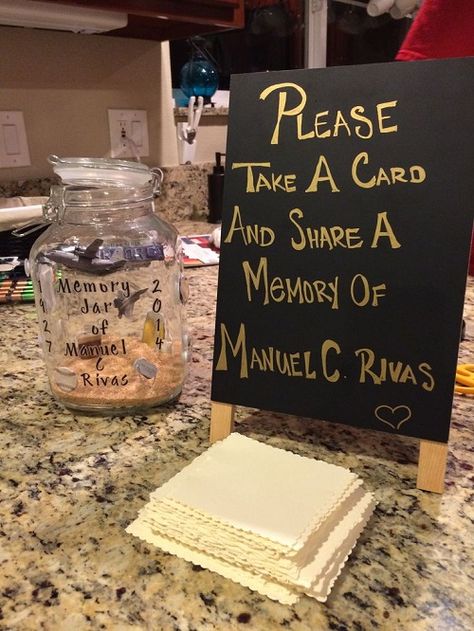 This would be a great idea for a memorial service.  It would get guests talking about their favourite memories and is something the family members can take comfort in later too. 50th Birthday Ideas For Men, Birthday Ideas For Men, 50th Birthday Ideas, Fest Temaer, 50th Birthday Men, Moms 50th Birthday, Memory Jar, 90's Birthday Party, 50th Anniversary Party