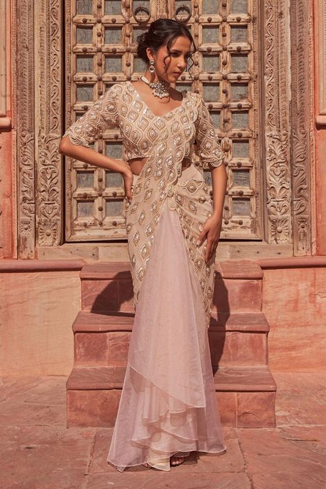 Beige Silk Embroidered Organza Pre-draped Ruffle Saree With Blouse Readymade Saree For Wedding, Saree With Trail, Ready To Wear Saree Designs, Drape Saree Designer, Drape Sari, Scalloped Fabric, Draped Sarees, Pre Draped Saree, Latest Saree Designs