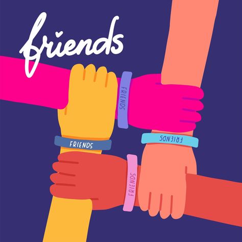 Happy friendship day illustration. Colorful four hands crossed together on dark blue background. Vector illustration of friendship with lettering text Friends.Holiday of togetherness, unity,having fun Montessori, Art On Friendship, Friends Images Friendship, Friend Images Friendship, Friendship Illustration Art, Friendship Doodles, Logo Friendship, Friendship Day Illustration, Friendship Day Background