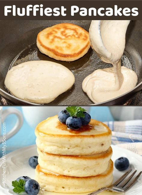 These Fluffy Pancakes are absolutely perfect if you are looking for a soft and thick pancake recipe. Just a hand-full of staple ingredients and 5-minute prep for a delicious breakfast! Road In The Hole Recipe, Yummy Pancake Recipe, Dairy Free Pancakes, Fluffy Pancake Recipe, Homemade Pancake Recipe, Tasty Pancakes, Homemade Pancakes, Fluffy Pancakes, Deilig Mat