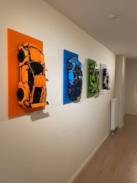 Lego Interior Ideas, Gaming Room Wall Art, Lego Technic Display Ideas, Lego Set Up, Lego Cars Ideas, Lego Technic Display, Lego Display Wall, Lego Room Ideas For Adults, Display Lego Creations