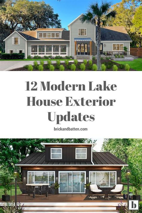 Best Lake House Exteriors, Classic Lake House Exterior, Lake House Outdoor Lighting Ideas, Lakehouse Siding Ideas, Exterior Lake House Ideas, Lakehouse Design Ideas Exterior, Lake House Before And After, Ranch Lake House Exterior, Lake House Addition Ideas