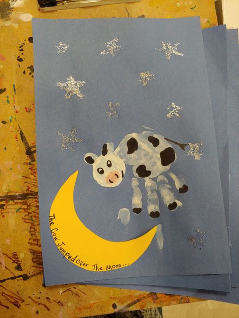 The Cow Jumped Over The Moon Craft, Bedtime Preschool Activities, Nursery Rhyme Footprint Art, Nursery Rymes Crafts For Toddlers, Farm Theme Infant Activities, Cow Jumped Over The Moon Craft, Nursery Rhyme Crafts For Infants, Fairytale Infant Crafts, Mother Goose Crafts For Toddlers