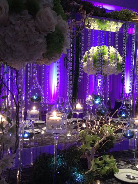 Purple Black Green Wedding, Green And Purple Quince, Purple Enchanted Forest Quinceanera, Emerald And Purple Wedding, Green And Purple Wedding Theme, Purple And Green Wedding Theme, Weding Table, Forest Quinceanera, Enchanted Forest Theme Quinceanera