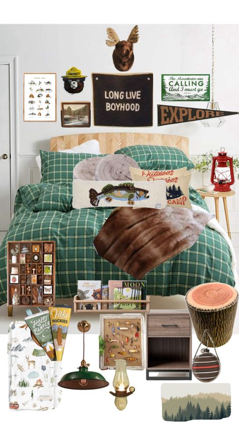 Outdoor Theme Bedroom For Adults, Camp Themed Playroom, Vintage Camp Playroom, Camp Inspired Bedroom, Khaki Bedroom Walls, Fishing Cabin Bedroom, Boys Bedroom Outdoor Theme, Little Boy Rooms Ideas, Vintage Camp Nursery