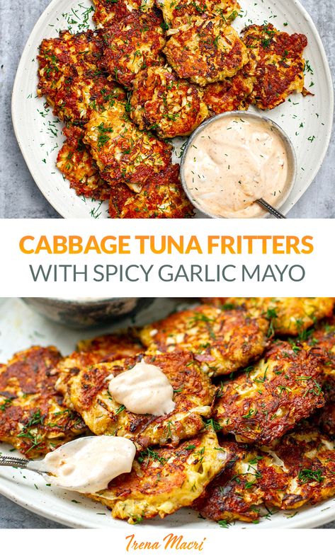 These crispy, cheesy tuna cabbage patties (or fritters) with spicy garlic mayonnaise are perfect for lunch, brunch or dinner. Serve with a big salad for a satiating, nutritious meal. Also great as finger food! These cabbage tuna patties are keto, low-carb, and gluten-free. Tuna And Cabbage Recipes, Ground Tuna Recipes, Tuna Cabbage Salad, Tuna Recipes Low Calorie, Tuna Cabbage, Cabbage Patties, Crispy Tuna, Pescatarian Keto, Garlic Mayonnaise