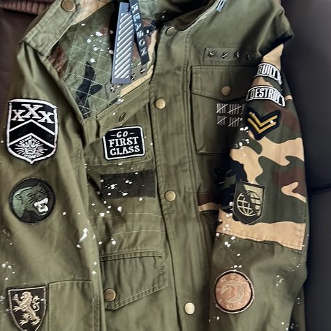 Brand New With Tags. Nice Urban Army Jacket By Reaction Us Army Jacket, Army Clothing, Denim Upcycle, Fitted Denim Shirt, Army Clothes, Laundry Bags, Army Fashion, Army Jacket, Faux Leather Moto Jacket